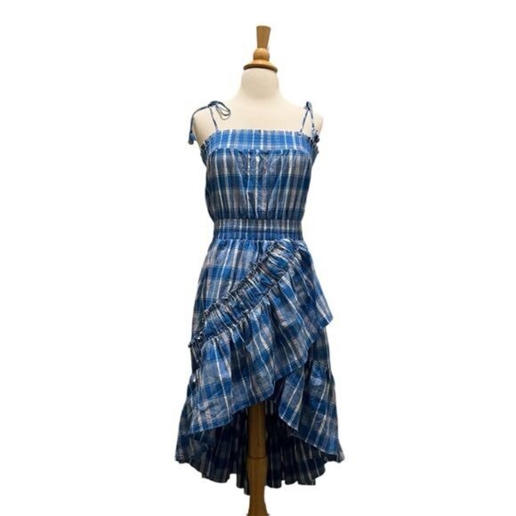 MISA Los Angeles Fernanda Dress M Blue Plaid Ruffle Midi Boho Chic - Picture 3 of 6